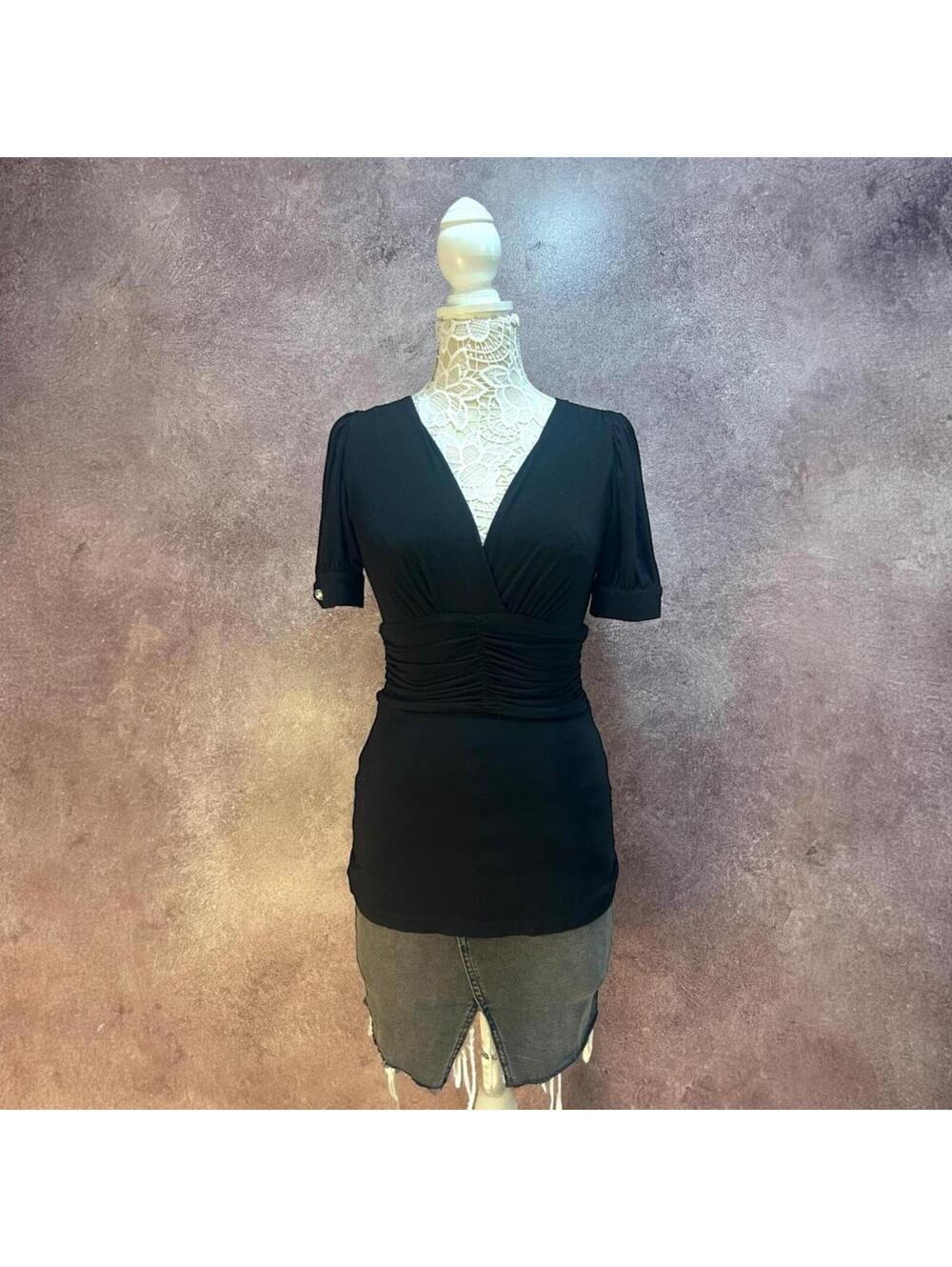 Black Ruched V Neck Top